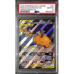 PSA10 - 2019 Pokemon - Raichu/Aln.Raichu Gx 221/236 - Unified Minds Graded Card