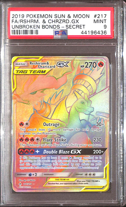 PSA9- 2019 Pokemon - FA/Rshrm & Chrzrd Gx 217/214 - Unbroken Bonds Graded Card