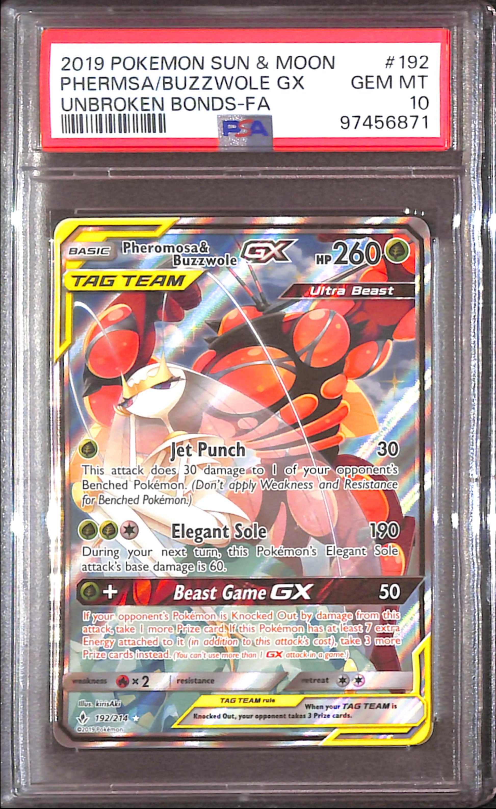 PSA10- 2019 Pokemon - Phermsa/Buzzwole Gx 192/214 - Unbroken Bonds Graded Card