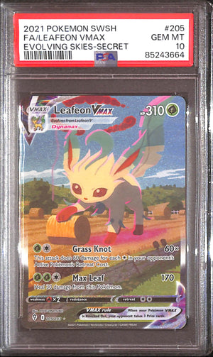 PSA10- 2021 Pokemon - FA/Leafeon Vmax 205/203 - Evolving Skies Graded Card