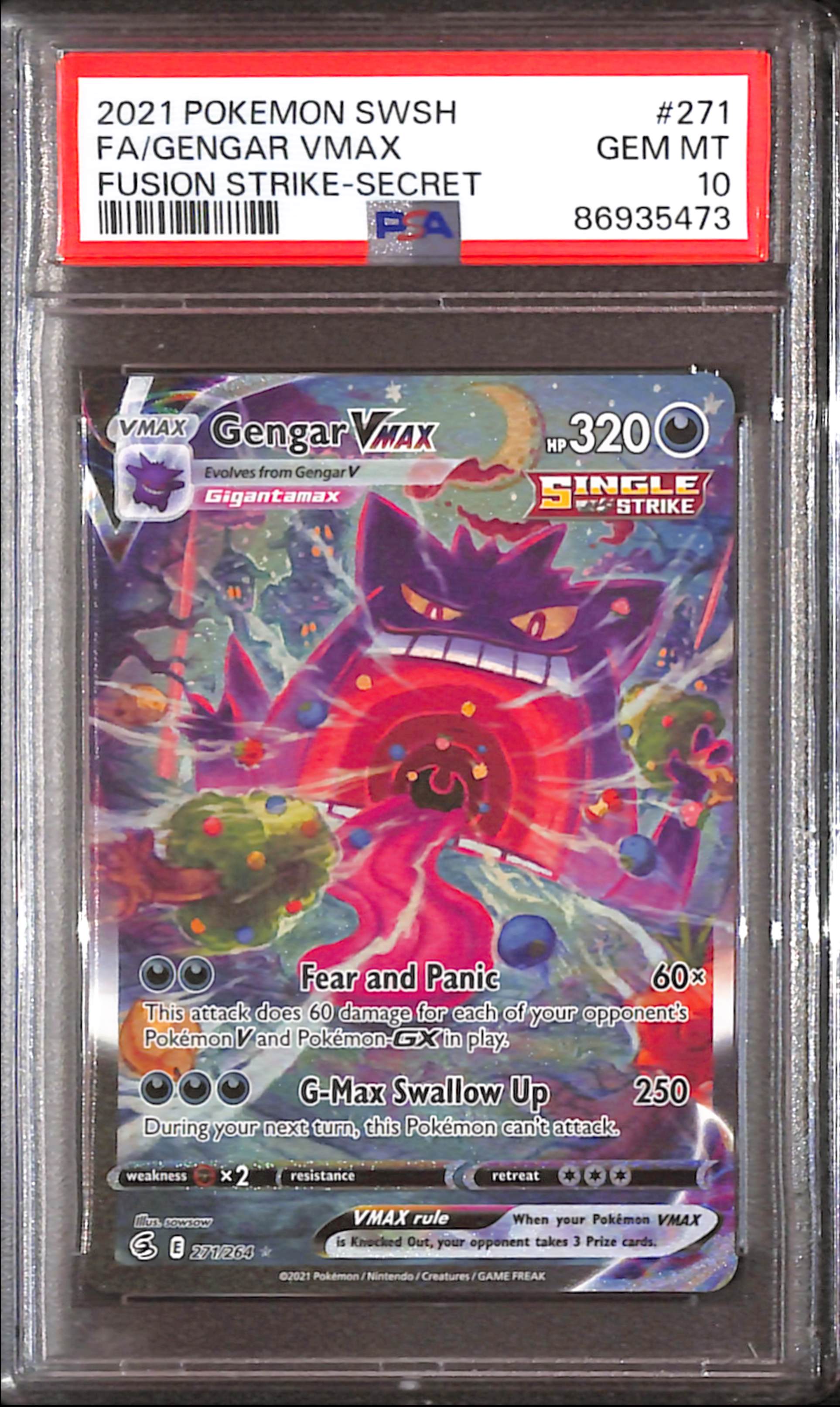 PSA10- 2021 Pokemon - FA/Gengar Vmax 271/264 - Fusion Strike Graded Card