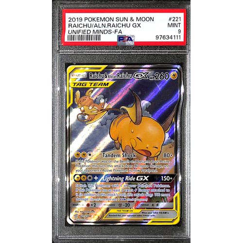 PSA9 - 2019 Pokemon - Raichu/Aln.Raichu Gx 221/236 - Unified Minds Graded Card