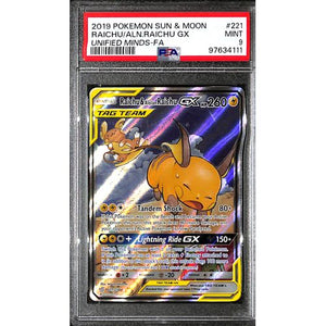 PSA9 - 2019 Pokemon - Raichu/Aln.Raichu Gx 221/236 - Unified Minds Graded Card