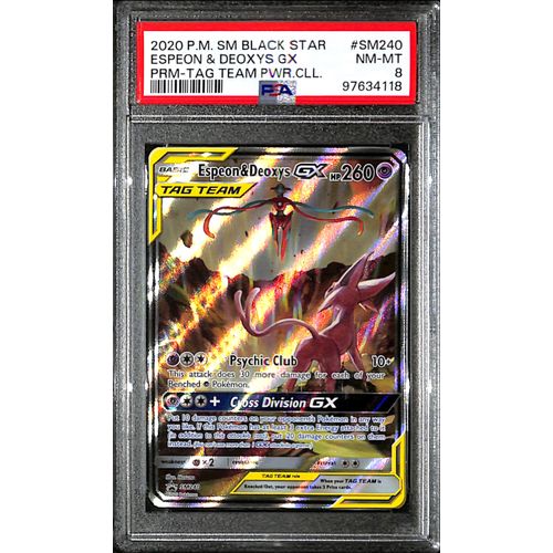 PSA8 - 2020 Pokemon - Black Star Espeon & Deoxys Gx SM240 - Tag Team Pwr.Cll Graded Card