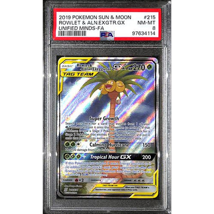 PSA8 - 2019 Pokemon - Rowlet & Aln.Exgtr.Gx 215/236 - Unified Minds Graded Card