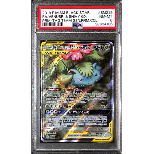 PSA8 - 2019 Pokemon - Black Star FA/Venusr & Snivy Gx SM229 - Tag Team Gen.Prm.Col Graded Card