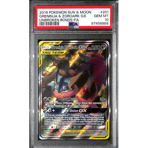 PSA10 - 2019 Pokemon - Greninja & Zoroark Gx 201/214 - Unbroken Bonds Graded Card