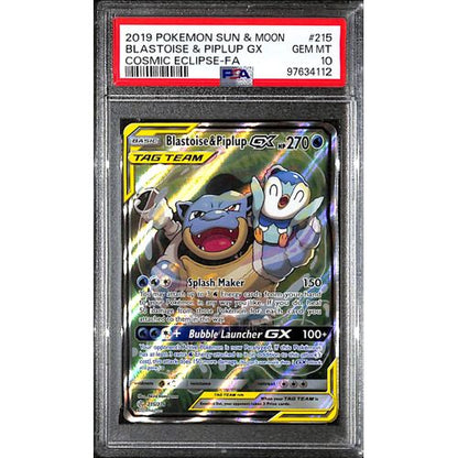 PSA10 - 2019 Pokemon - Blastoise & Piplup Gx 215/236 - Cosmic Eclipse Graded Card