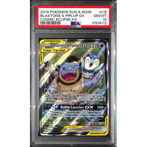 PSA10 - 2019 Pokemon - Blastoise & Piplup Gx 215/236 - Cosmic Eclipse Graded Card