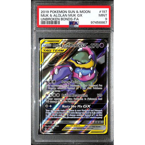 PSA9 - 2019 Pokemon - Muk & Alolan Muk Gx 197/214 - Unbroken Bonds Graded Card