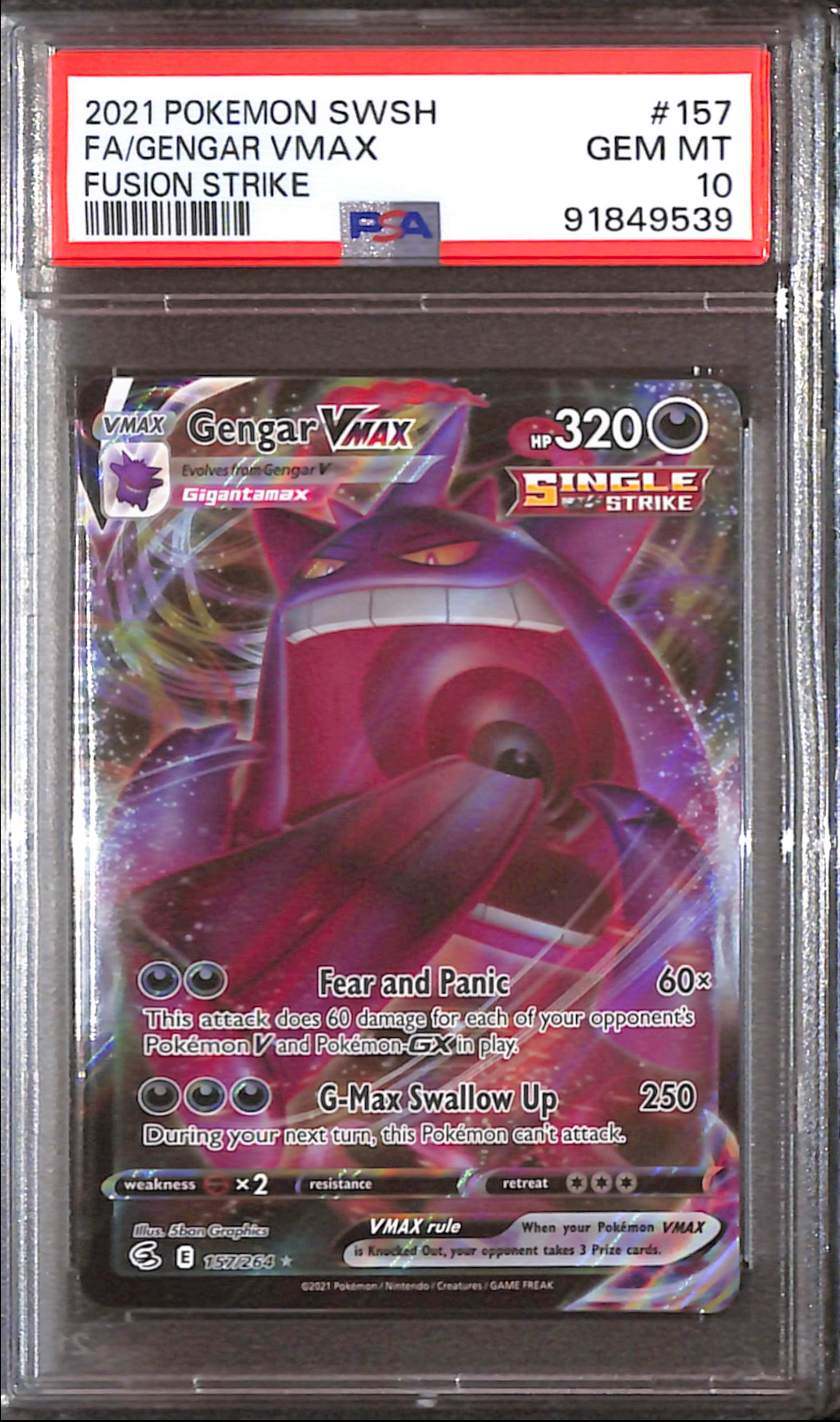 PSA10- 2021 Pokemon - FA/Gengar Vmax 157/264 - Fusion Strike Graded Card