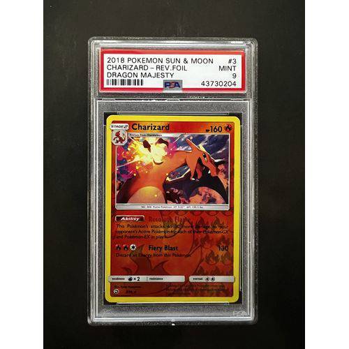 PSA9 2018 Pokemon Charizard Reverse Foil - 3/70 - Sun & Moon Dragon Majesty Graded Card